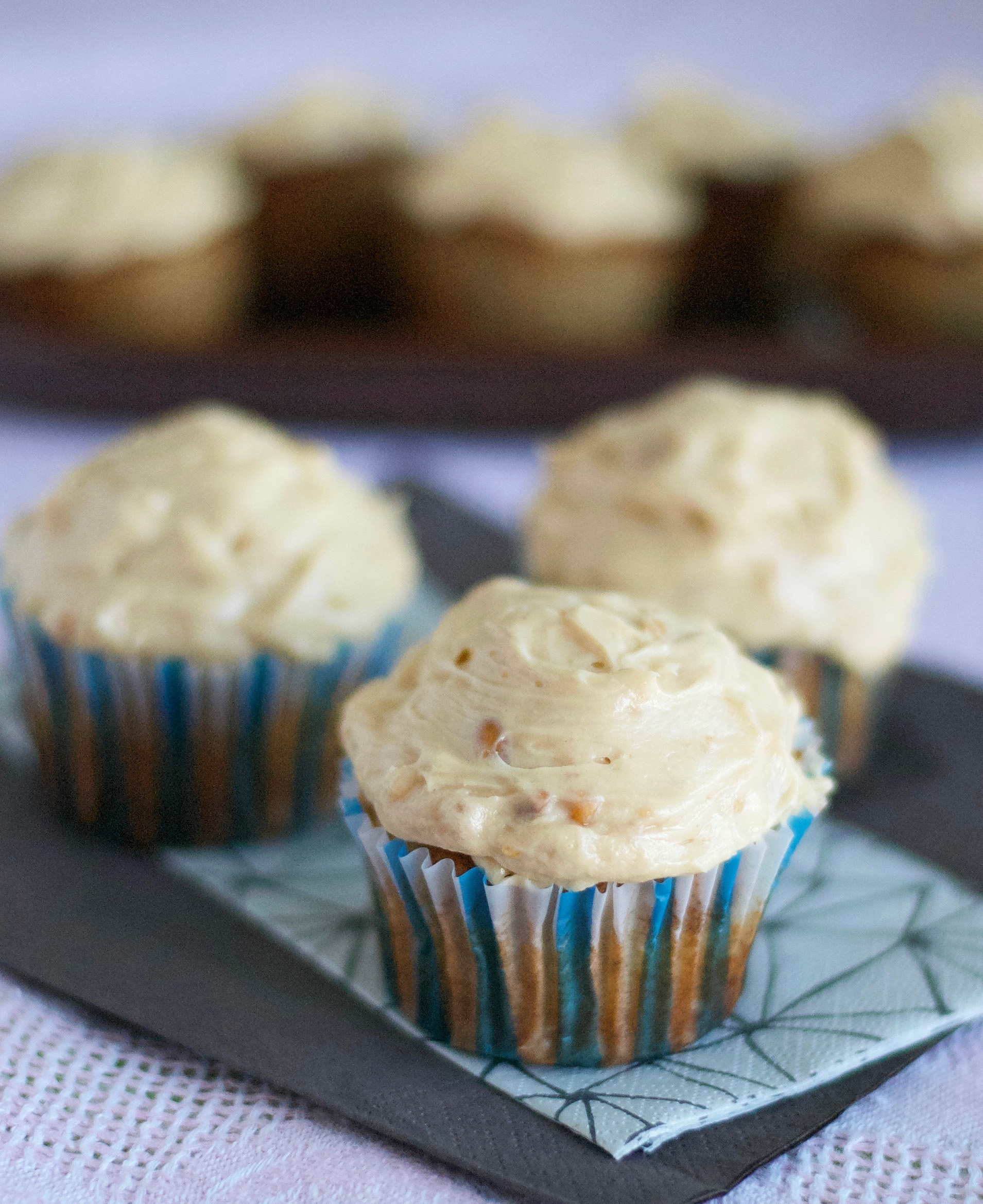 banana cupcake with peanut butter frosting